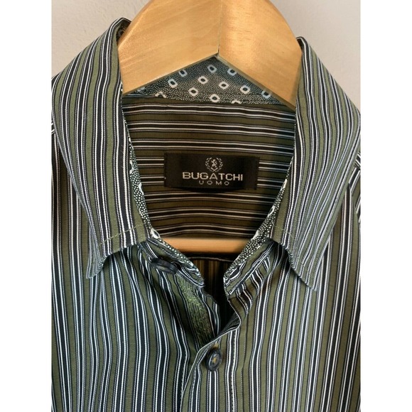 Bugatchi UOMO Mens Medium Green Multicolored Striped Long Sleeve Button Up Shirt - Picture 2 of 4